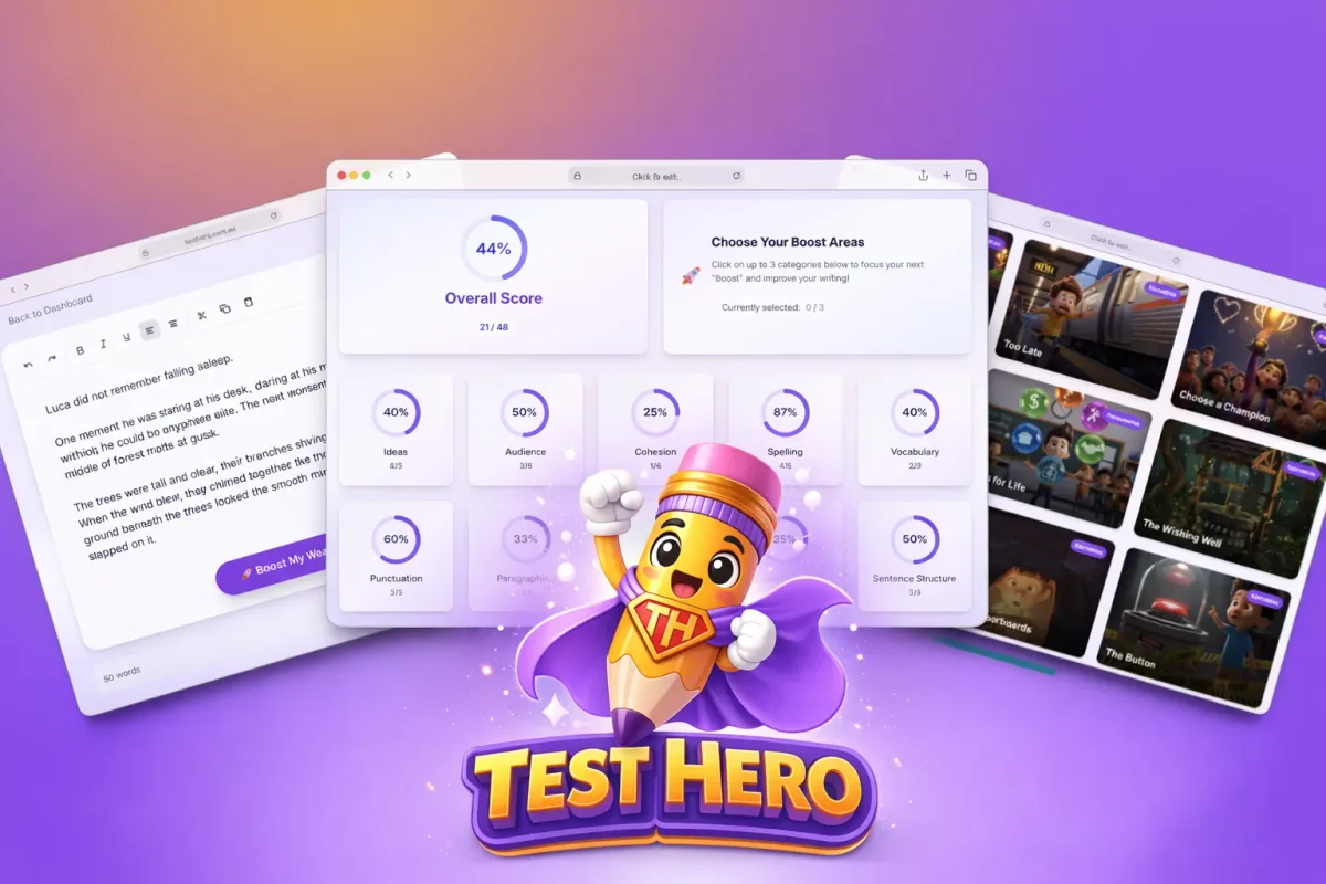 TestHero writing editor and student dashboard showing NAPLAN writing practice