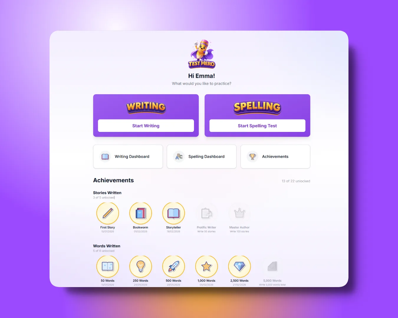 Spelling practice showing an audio dictation question where the student listens and types the missing word