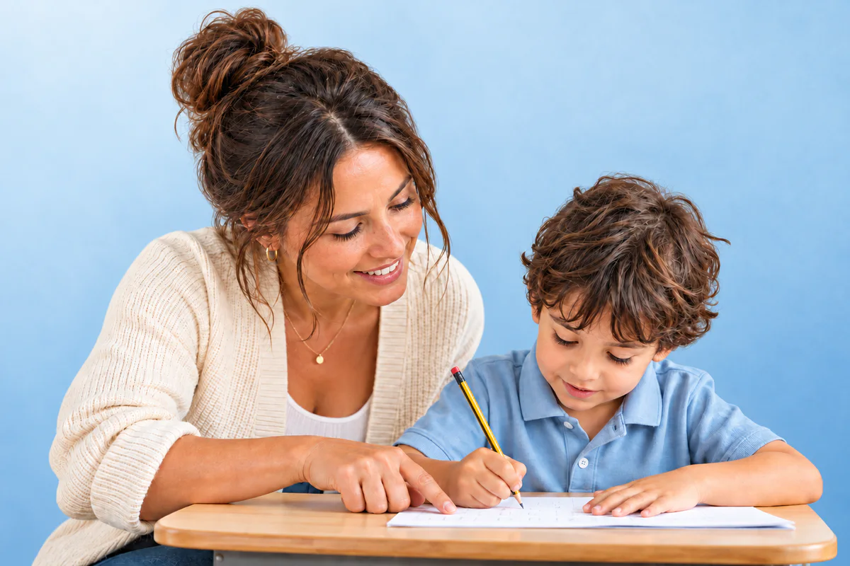 A teacher supporting a child as they work at a desk.