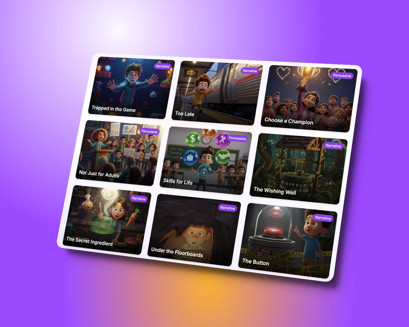 Grid of animated writing prompts including stories like Trapped in the Game, The Late, and Choose a Champion